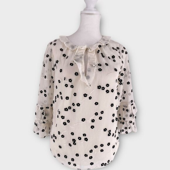 Rebecca Taylor Alessandra Silk Embroidered Floral Ruffle Blouse Bell Sleeves  2 - Picture 2 of 13